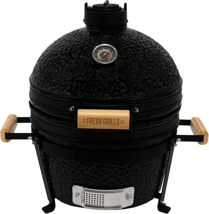 Fresh Grills Kamado BBQ 16 Inch Black Ceramic Mini Oven Barbecue Grill Egg Charcoal Smoker Grate Baking Portable Built-in Thermometer Top and Bottom Air Flow System Outdoor Cooking Camping - QUORE