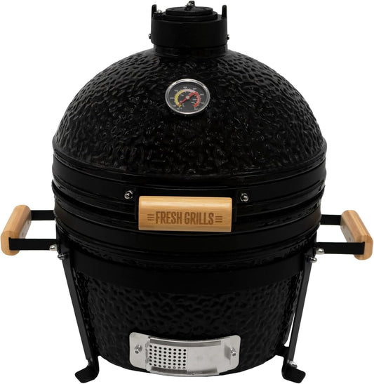 Fresh Grills Kamado BBQ 16 Inch Black Ceramic Mini Oven Barbecue Grill Egg Charcoal Smoker Grate Baking Portable Built-in Thermometer Top and Bottom Air Flow System Outdoor Cooking Camping - QUORE