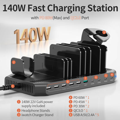 Alxum 140W USB C oplaadstation-10 Port Fast Tablet oplaadstation met QC 3.0 & PD 60W + 45W + 30W, Multi oplaadstation met verstelbare verdelers compatibel voor laptop, iPad, tablet, iwatch