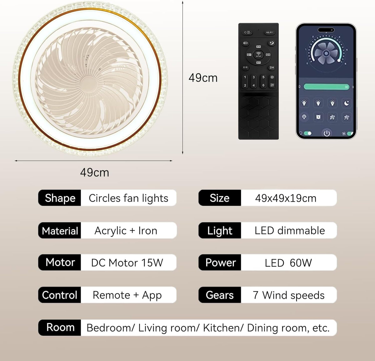 Stille Plafondventilator met Verlichting, 75W Dimbare LED Plafondlamp met Ventilator, 360° Rotatie, Omkeerbare Plafondventilator met Licht en Afstandsbediening APP, 6 Snelheden, Timer, Goud