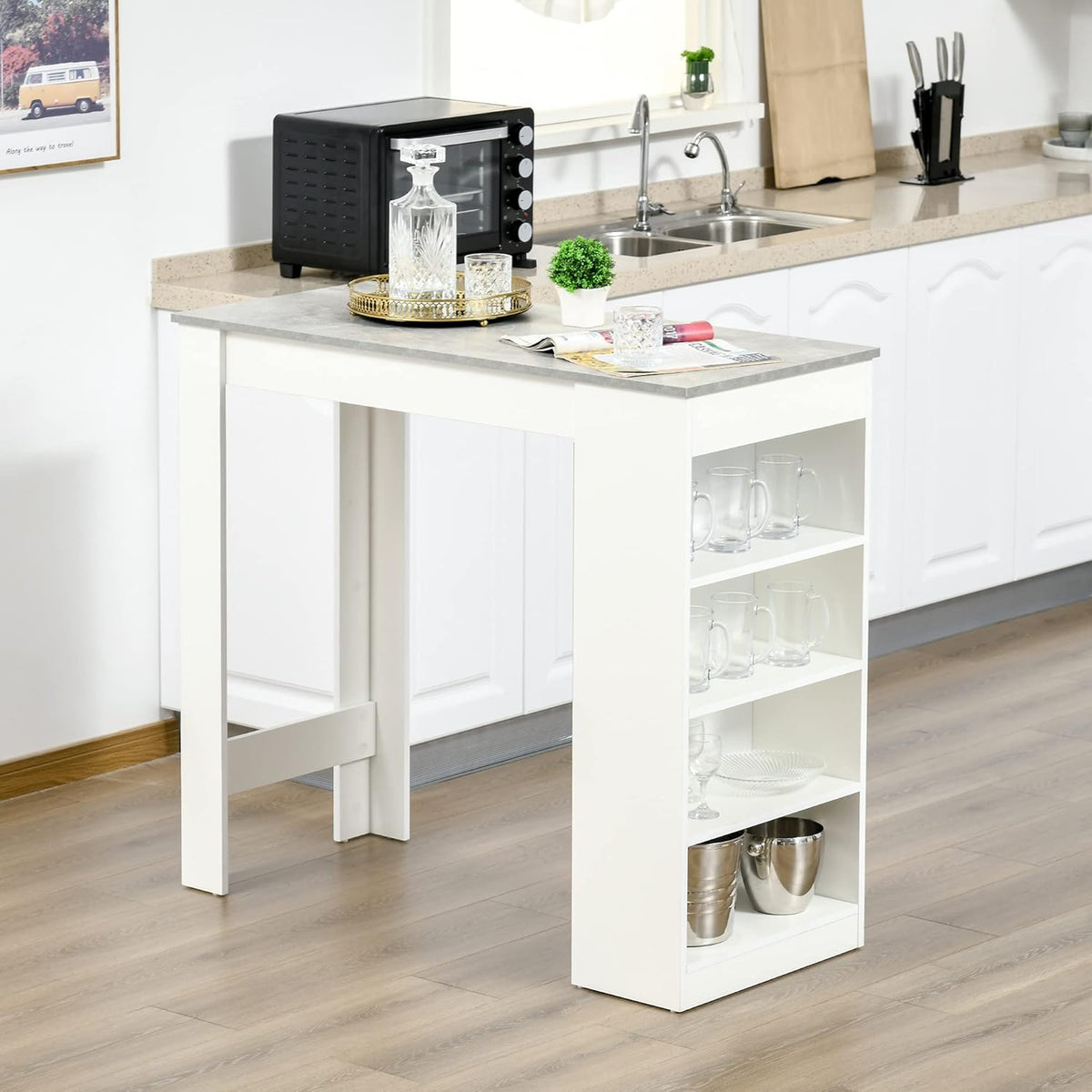 HOMCOM bar table kitchen table with 4-tier storage shelf with table top for restaurant kitchen living room chipboard white + grey 115 x 50 x 102.5 cm - QUORE