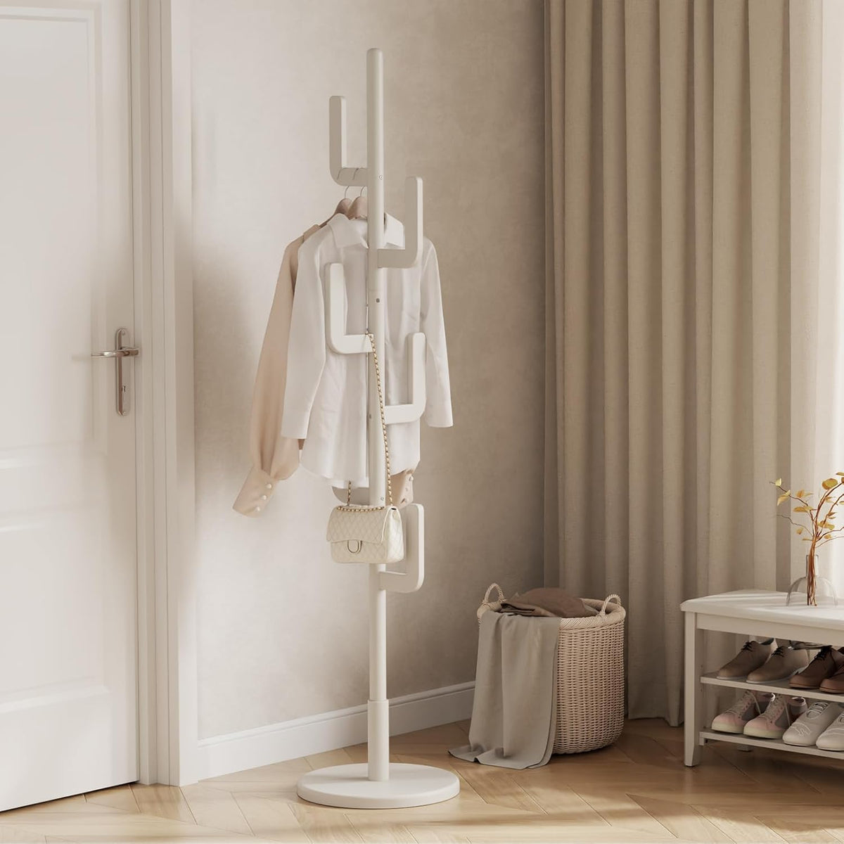 AQIMUELE Kapstok, kledingstandaard, massief hout, jasstandaard in cactusdesign met 6 haken, voor kleding en hoed, gemakkelijk te monteren, voor hal en slaapkamer (wit)