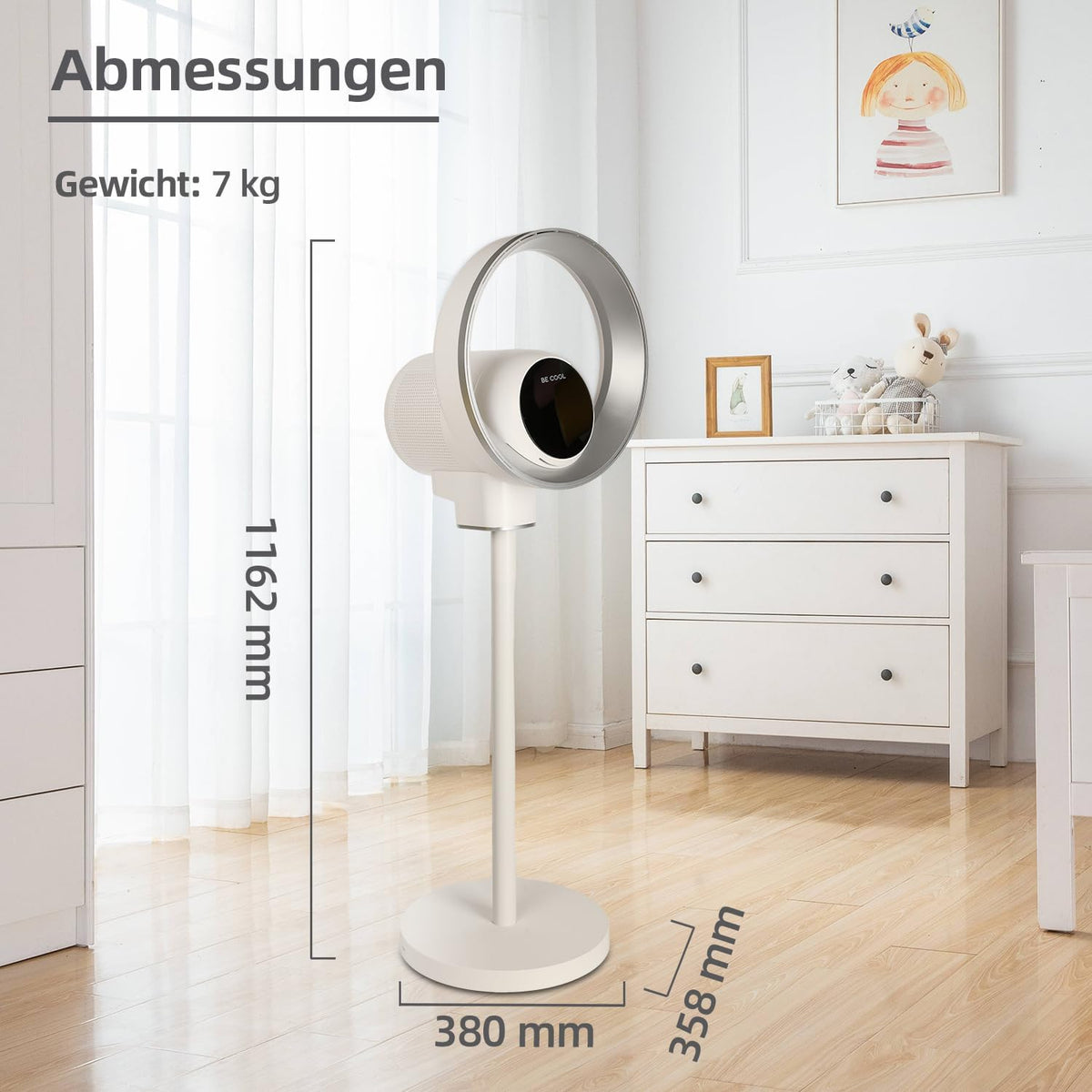 Be Cool Design staande ventilator met wifi: onzichtbare vleugel, ledverlichting, touch-bedieningspaneel + lcd, luchtreinigingsfunctie met luchtkwaliteitsindicatie, 35 W, 9 snelheden, wifi via Tuya-app