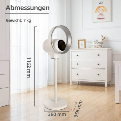 Be Cool Design staande ventilator met wifi: onzichtbare vleugel, ledverlichting, touch-bedieningspaneel + lcd, luchtreinigingsfunctie met luchtkwaliteitsindicatie, 35 W, 9 snelheden, wifi via Tuya-app