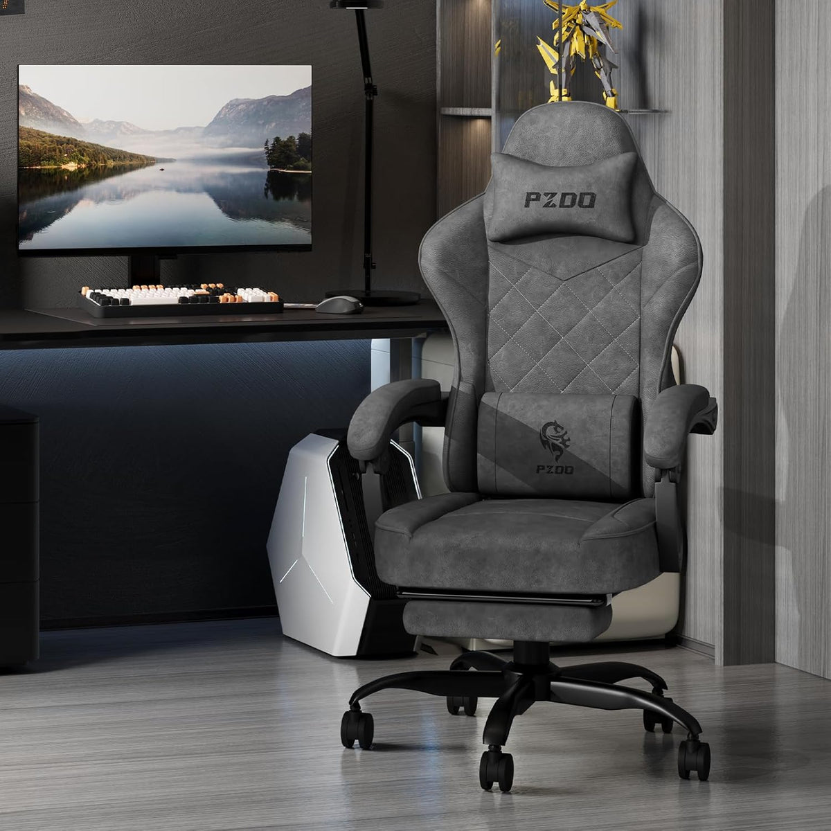 Gaming Stoel – Ergonomische Computerstoel – Bureaustoel – Gamestoel – PC-Stoel – Verstelbare Rugleuning – Ademend Technische Stof – Voetensteun – Hoofdsteun – Lendenkussen – Max 150 kg – Zwart