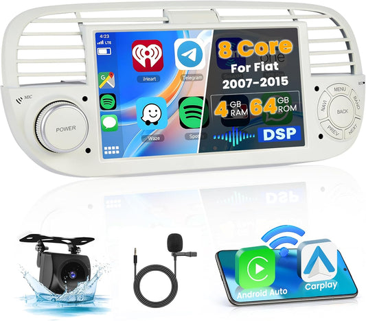 8 Noyau/4G+64G/DSP Autoradio Android pour Fiat 500 2007-2015 Blanc avec CarPlay Android Auto Sans Fil, 7" écran Tactile avec BT GPS WiFi RDS FM USB 59UI+Caméra de Recul+MIC