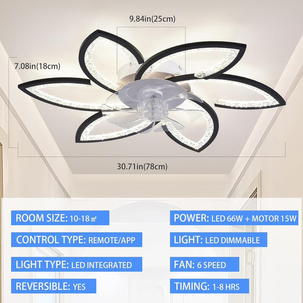 Plafondventilator met licht en afstandsbediening, moderne led-plafondventilator met variabele intensiteit, stille omkeerbare motor met windsnelheid, verstelbaar, voor woonkamer, 78 cm, zwart