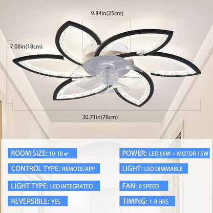 Plafondventilator met licht en afstandsbediening, moderne led-plafondventilator met variabele intensiteit, stille omkeerbare motor met windsnelheid, verstelbaar, voor woonkamer, 78 cm, zwart