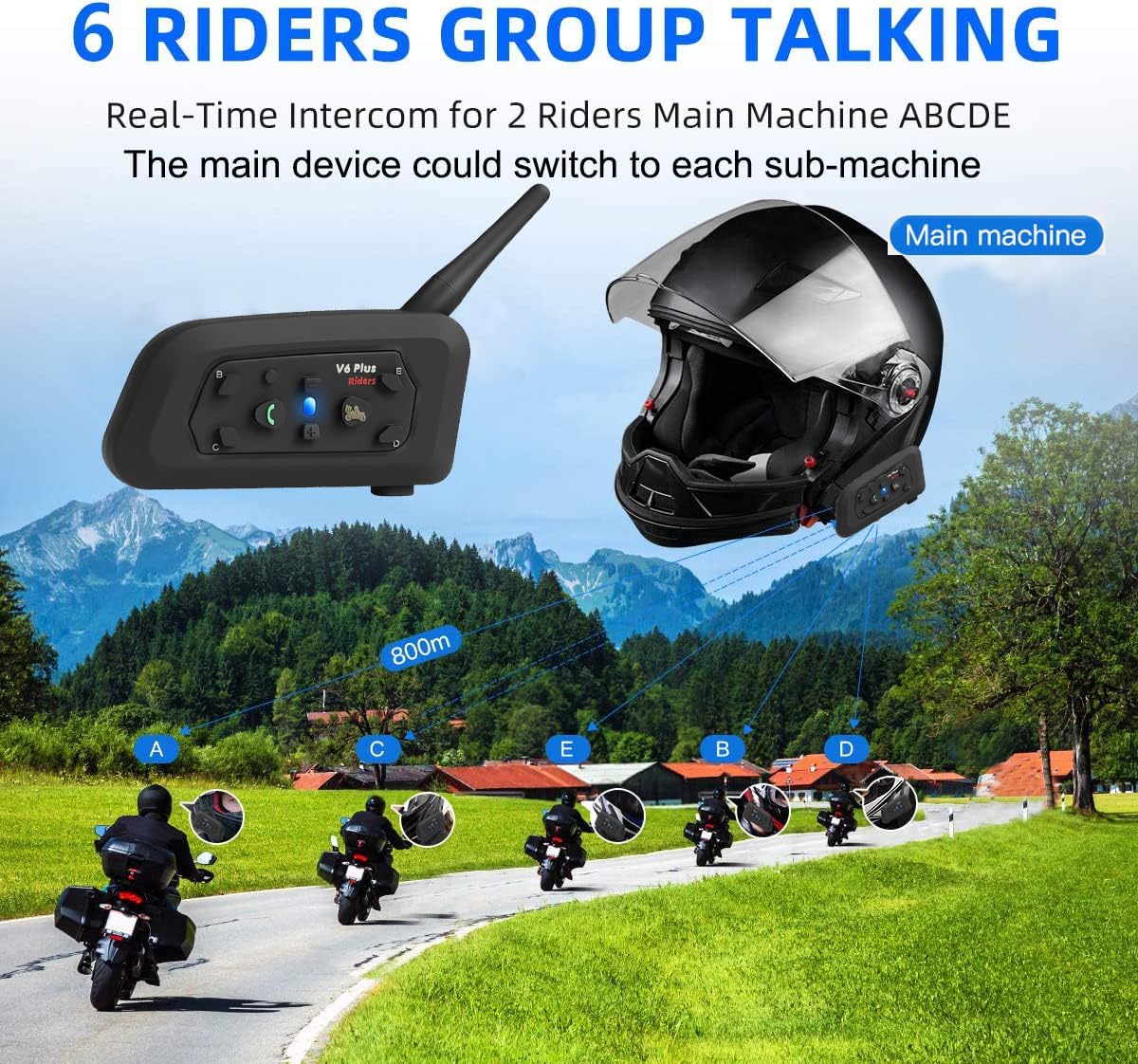 Vnetphone 2 x V6 Bluetooth motorfiets intercom helm communicator headset, 1200 m bereik 6 bestuurders interphone, handleiding in het Duits