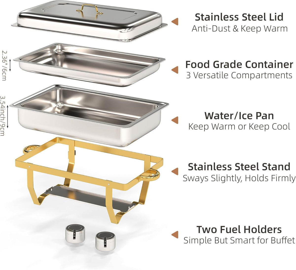 4-pack roestvrijstalen schaafschalen voor buffet, 9 QT-capaciteit voedselverwarmers voor feesten, bruiloften, evenementen hosting, familiebijeenkomsten, volledige set cateringserver met serveergerei