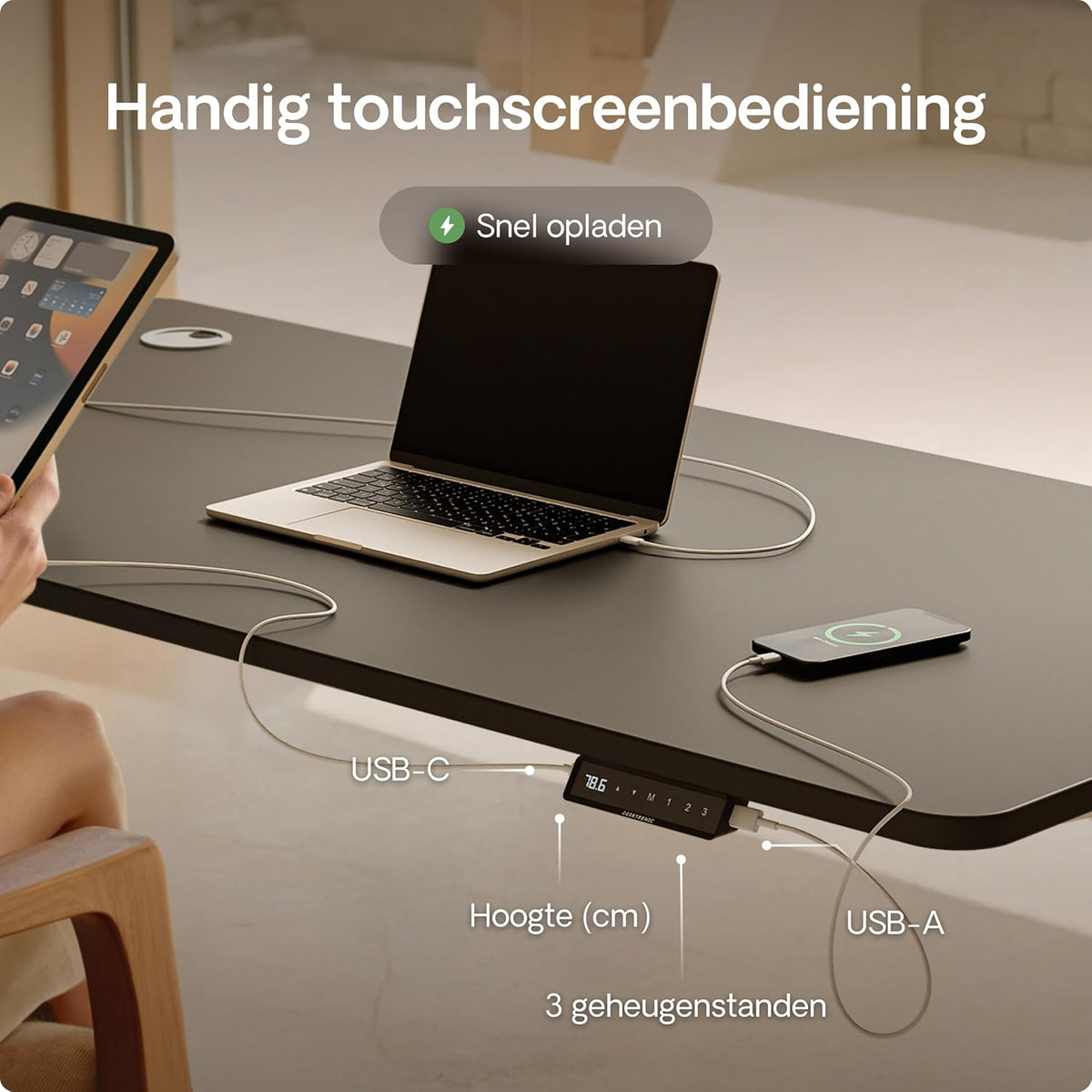Desktronic Desk Sit-Stand - 120x60 cm - Height Adjustable Desk with USB/USB-C, 3 Memory Modes, Dual Motor and Touchscreen Control Electric Table for Comfort and Productivity. - QUORE