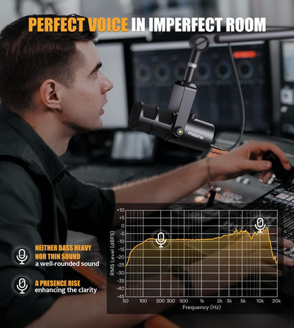 Dynamische microfoon – Podcastmicrofoon, Studiomicrofoon, Streamingmicrofoon, Gamingmicrofoon – USB en XLR aansluiting – Cardioïde opname, tap to mute en 3 in 1 bediening