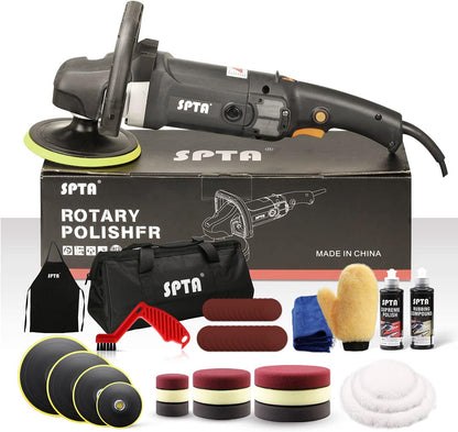 SPTA Polijstmachine, 125 mm/150 mm/180 mm polijstmachine met variabele snelheid, professionele set - slijpmachine 1200 watt + polijstspons accessoireset, polijstschijf, wolschijf voor auto, boot