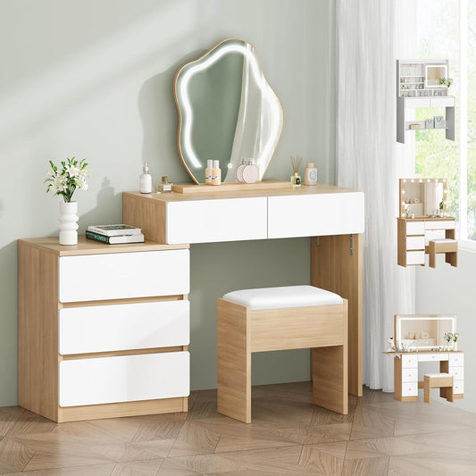Make-uptafel – Kaptafel – Schminktisch – Make-up Bureau – Beautytafel – Wolkenvormige Spiegel – 10 Verstelbare LED-Lampen – Ruime Laden Met Kruk Opbergruimte