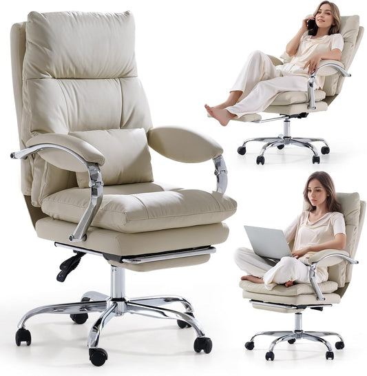 EMIAH Office Chair with Footrest, Comfortable Office Chair with Armrests, Ergonomic PU Leather Office Chair with Wheels, Computer Chair with Thickened Cushion, Beige