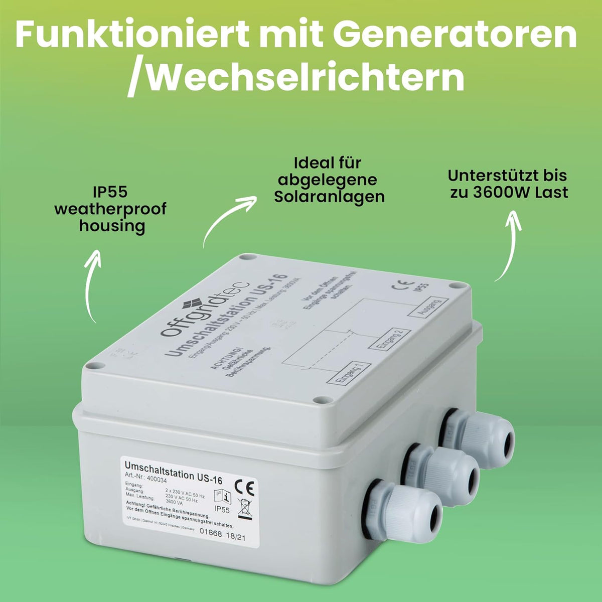 Offgridtec 010711 Omschakelstation voor netprioriteitschakeling USV werking US-16 230V 16A 3600W