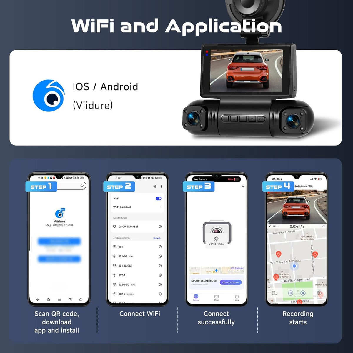 Dashcam – Dashboardcamera – Autocamera – Auto camera – Rijcamera – 4-Kanaals 360° Met Vier Camera’s – 2K + 3x1080p Met WiFi En Nachtzicht
