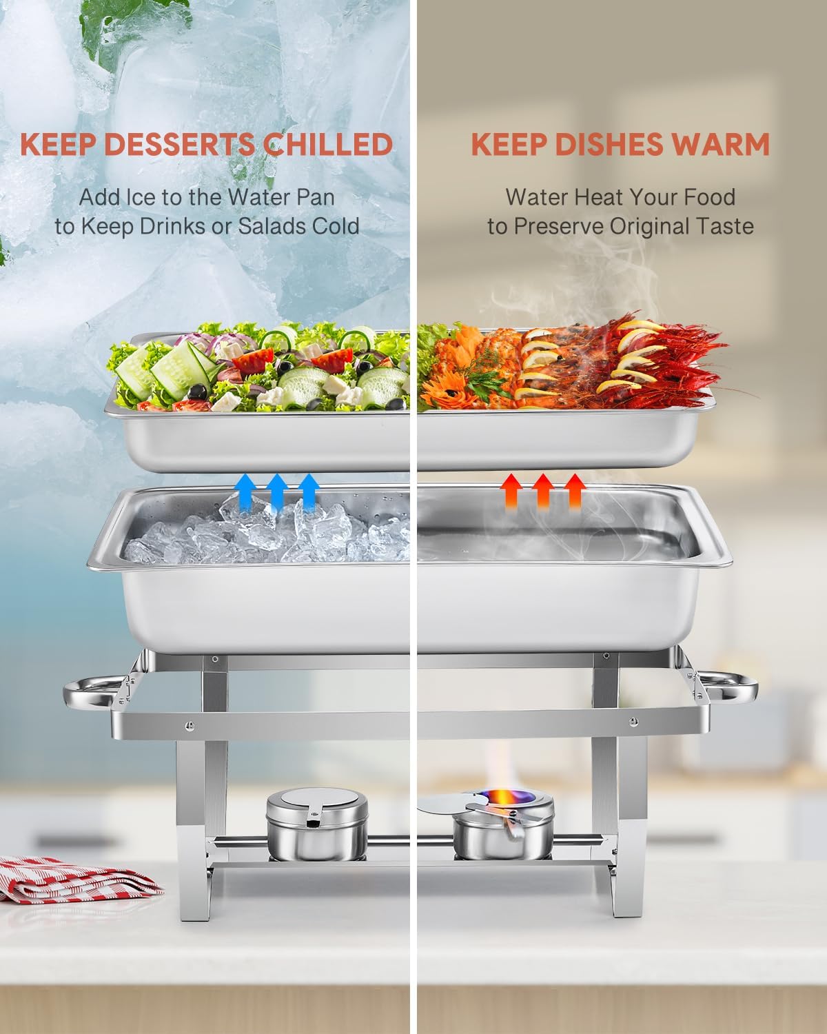 Wilprep Chafing dish set 9L RVS, 2 pakken met 2 grote GN 1/1 & 4 halve pannen GN 1/2 voor bruiloft, feest, banket, catering evenement