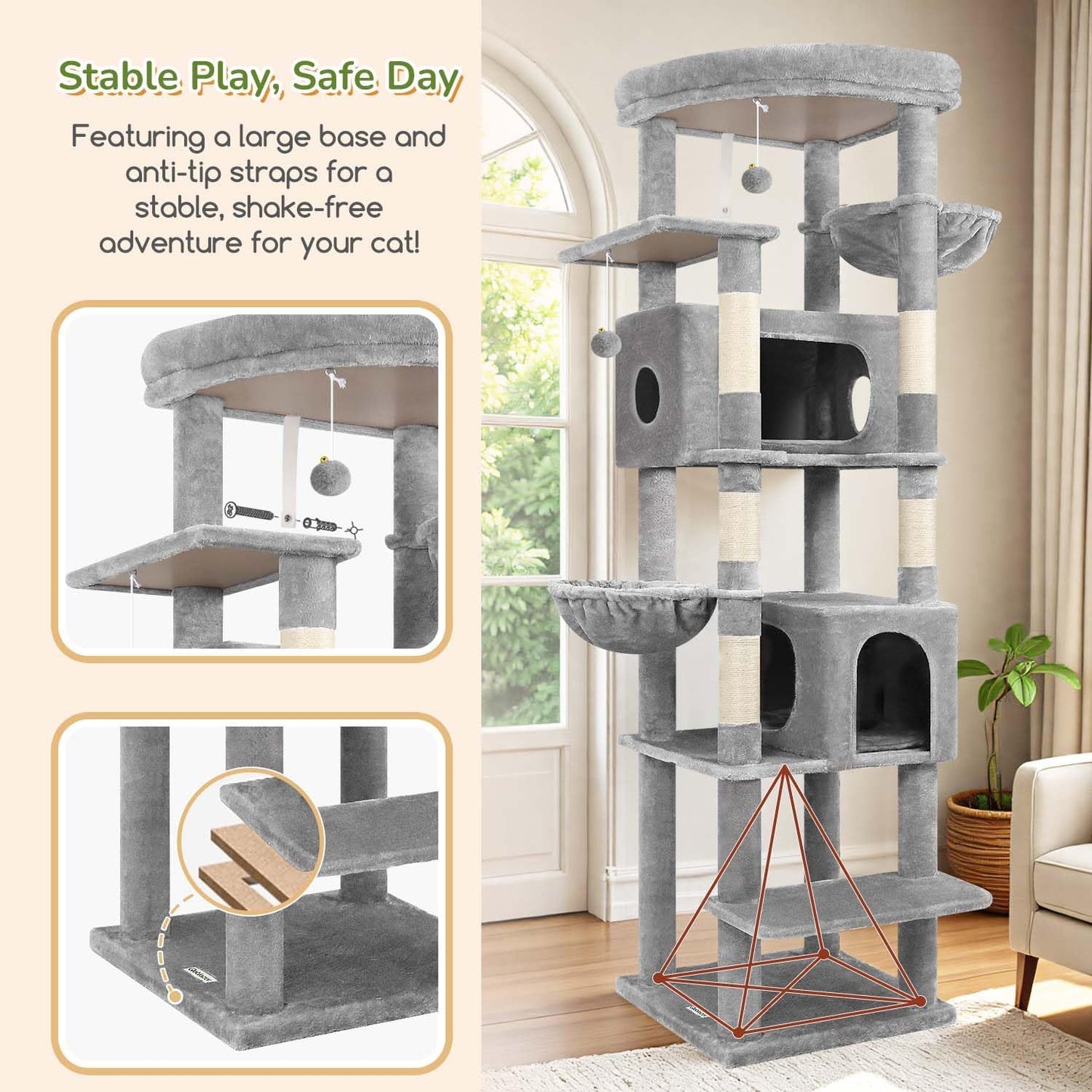 Krabpaal – Kattenboom – Kattentoren – Krabmeubel – Kattenhuis – Hoogte 188 cm – Extra Stabiel Met Sisal