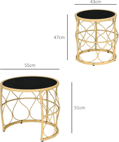 Tuintafel - Tuintafel Rond - Bijzettafeltje - Set van 2 - Rattenbijzettafel - Bistrotafel, Salontafel - met Glazen Tafelblad - Boho-Stijl - voor Terras - Tuin - Φ55 x 51 cm & Φ43 x 47 cm - Khaki/Zwart