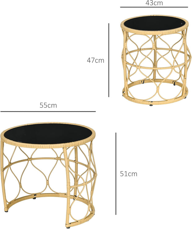 Tuintafel - Tuintafel Rond - Bijzettafeltje - Set van 2 - Rattenbijzettafel - Bistrotafel, Salontafel - met Glazen Tafelblad - Boho-Stijl - voor Terras - Tuin - Φ55 x 51 cm & Φ43 x 47 cm - Khaki/Zwart