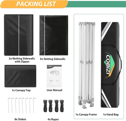 COBIZI Paviljoen, 3x3, vouwpaviljoen, waterdicht, stabiel, partytent, tuinpaviljoen, uv-bescherming met 4 zijwanden van mesh, zwart