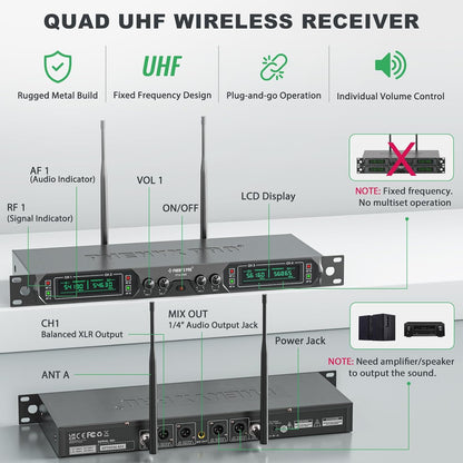Phenyx Pro Draadloos microfoonsysteem, 4-kanaals UHF draadloze microfoonset met handheld/bodypack/headset/reversmicrofoons, metalen draadloze microfoon met vaste frequentie voor kerk, zingen, DJ