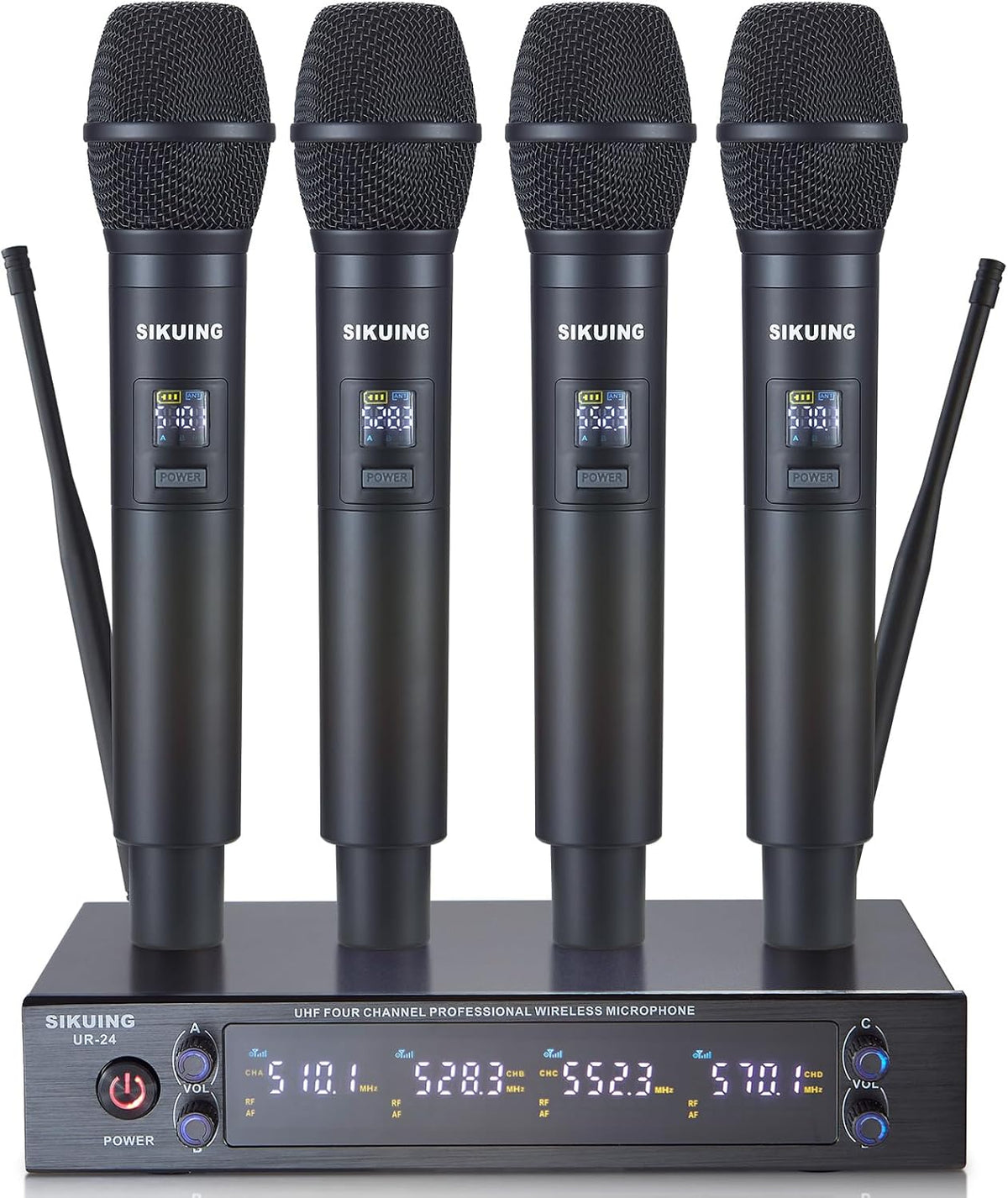 Set van 4 draadloze handmicrofoons – Microfoonset – Karaoke microfoons – UHF microfoons – Draadloze microfoonset – 4 x 50 instelbare frequenties – Bereik tot 100 m
