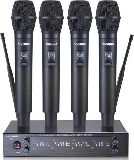 Set van 4 draadloze handmicrofoons – Microfoonset – Karaoke microfoons – UHF microfoons – Draadloze microfoonset – 4 x 50 instelbare frequenties – Bereik tot 100 m