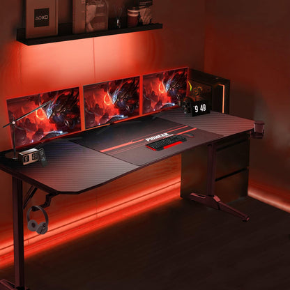 Devoko Gaiming Tafel 140 cm, gamingbureau, gamer, computertafel, ergonomisch pc-bureau met kabelopbergdoos, bekerhouder en hoofdtelefoonhouder, T-vormig (zwart, 140 x 60 x 75 cm)