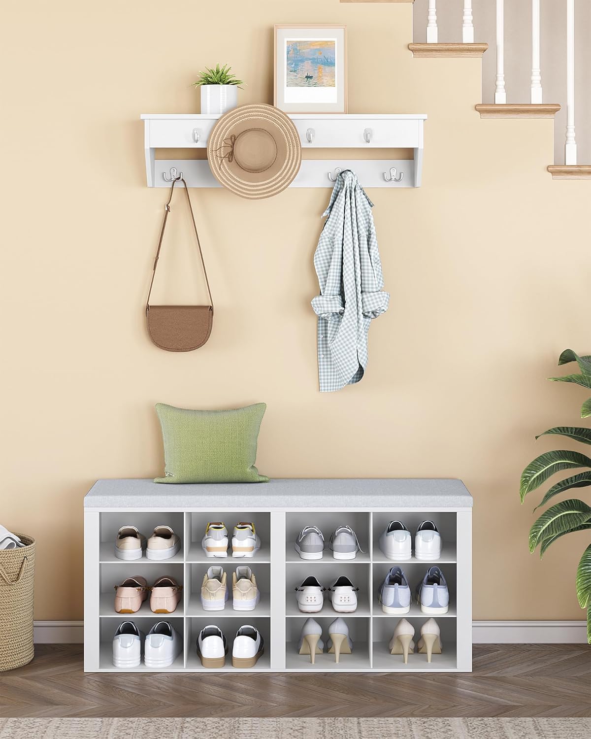 Hzuaneri Coat Rack with Bench Shoe Bench with Seat Entrance Bench 30 x 104 x 49 cm Wall Coat Rack with 9 Hooks Coat Hooks for Living Room Bedroom Entrance White Grey HT24903GY