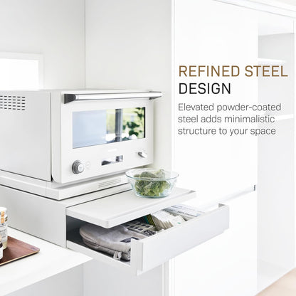 Yamazaki 2007 TOWER Sliding Countertop Tray with Drawer, white, Steel/Polypropylene/Silicone, 45 x 39.3~64 x 13.5 cm