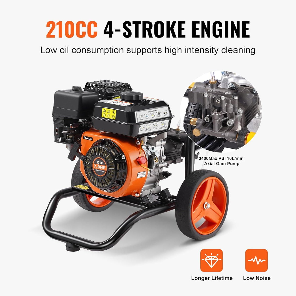 Gas Hogedrukreiniger – Benzine Hogedrukspuit – Drukreiniger – Schoonmaakmachine – 3400 PSI – 210cc 7 PK Motor – Aluminium Pomp – 5 Sproeiers – 10L/min Waterdoorvoer