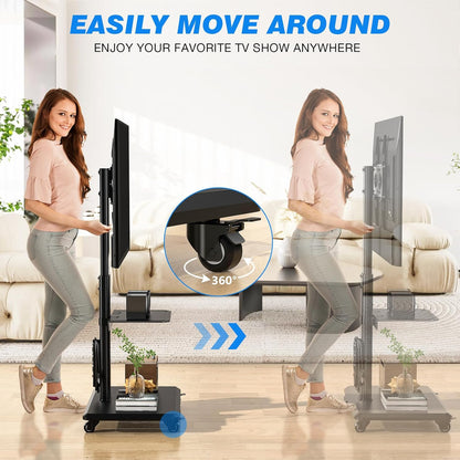 5Rcom Mobiele tv-standaard op wielen voor platte gebogen 32-55 inch tv's, draaibare rollende tv-standaard met houten basis, in hoogte verstelbaar met één plank Max VESA 400x400 mm tot 35 kg