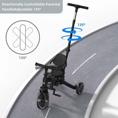XJD 5-in-1 driewieler, loopfiets vanaf 1 jaar met duwstang voor kinderen vanaf 1 - 4 jaar, loopfiets met afneembare pedalen en verstelbare zitting, kinderdriewieler, babyfiets (zwart)