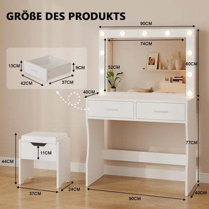 JUMMICO Grote kaptafel met ledverlichting en spiegel, 74 x 52 cm, instelbare helderheid en kleurtemperatuur, make-uptafel met 11 ledgloeilampen, wit