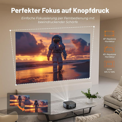 Beamer 4K Official Netflix & Remote Focus/trapeziumcorrectie, 25000 lumen, 4K thuisbioscoop, ondersteunt wifi, Bluetooth smart projector, Full HD 1080P, videoprojector Android met YouTube/Prime Video