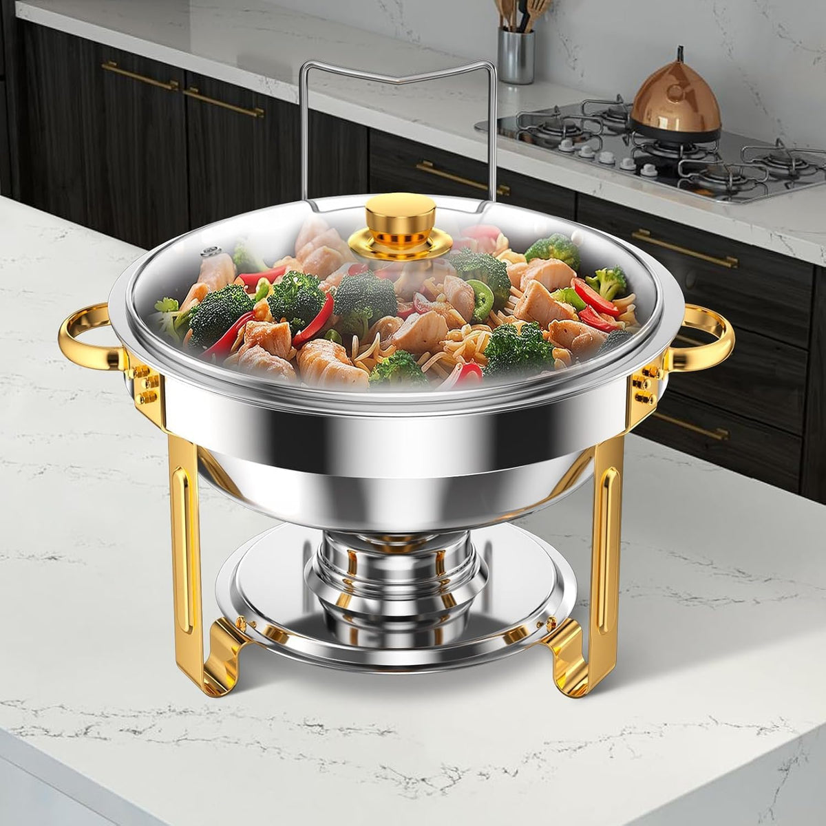 4 Pack Chafing Dish Buffet Set 5 Qt, 5L RVS Chafing Dishes, Ronde Catering Warmer Server met Glazen Deksel & Cover Houder, Voedsel Warmers voor Feesten, Bruiloft, Verjaardag (Sliver-Glas)