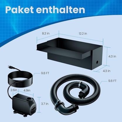 Biling Vijver waterval bladenset, 30 cm roestvrijstalen overloop zwembadfontein met 2500 L/H pomp en duurzame buis voor vijver, zwembad, beekloop, tuin, terras