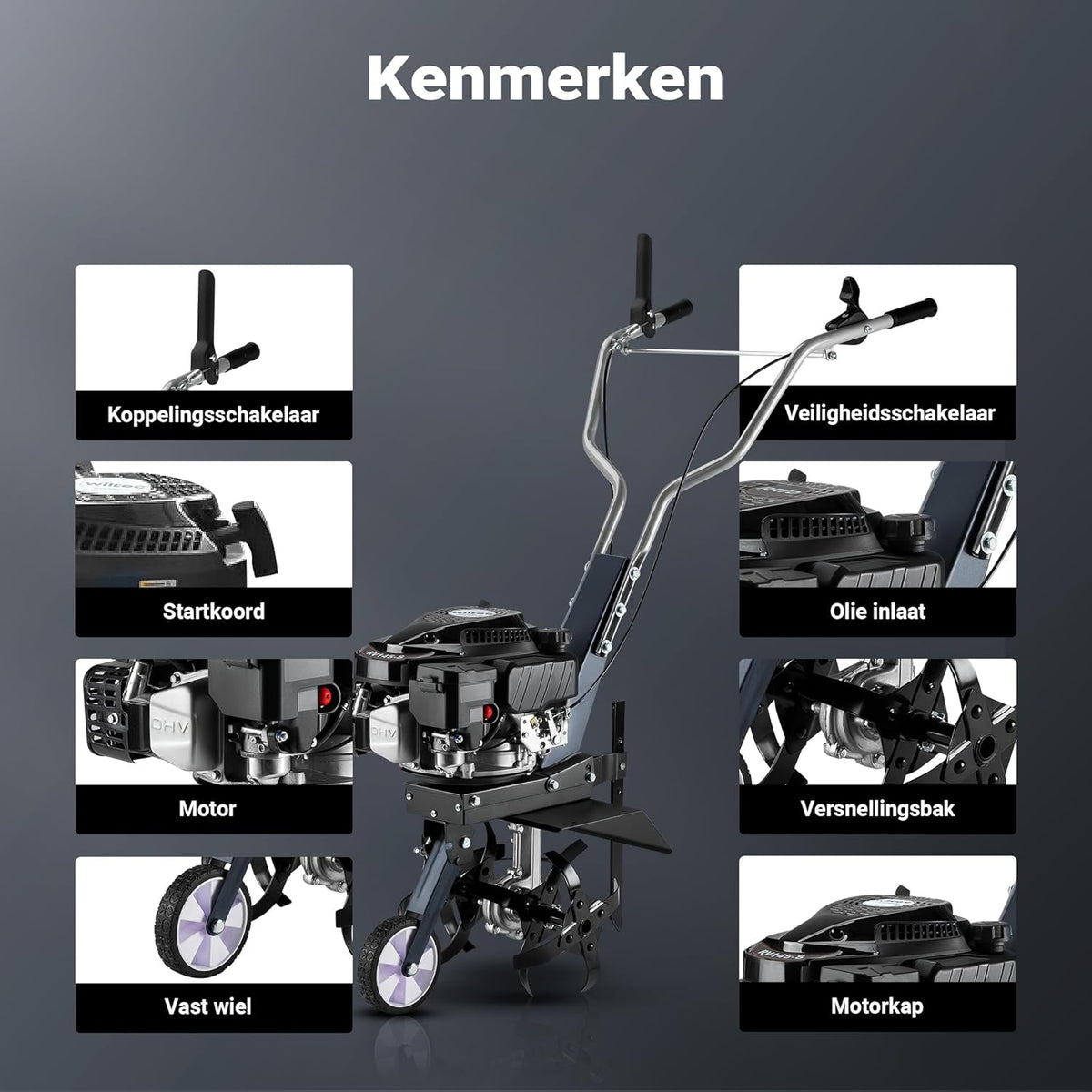 Wiltec tuinfrees benzine werkbreedte van 36 cm, grondfreesmachine motor 144 ccm en 4 messen, cultivator met brandstofaandrijving Euro 5, robuuste grondfrees voor tuinwerk