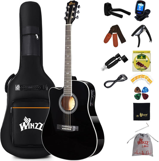 Winzz Elektro-akoestische gitaar voor volwassenen, 4/4 full-size beginnersgitaar folk voor kinderen vanaf 12 jaar (linkshandig, zwart)