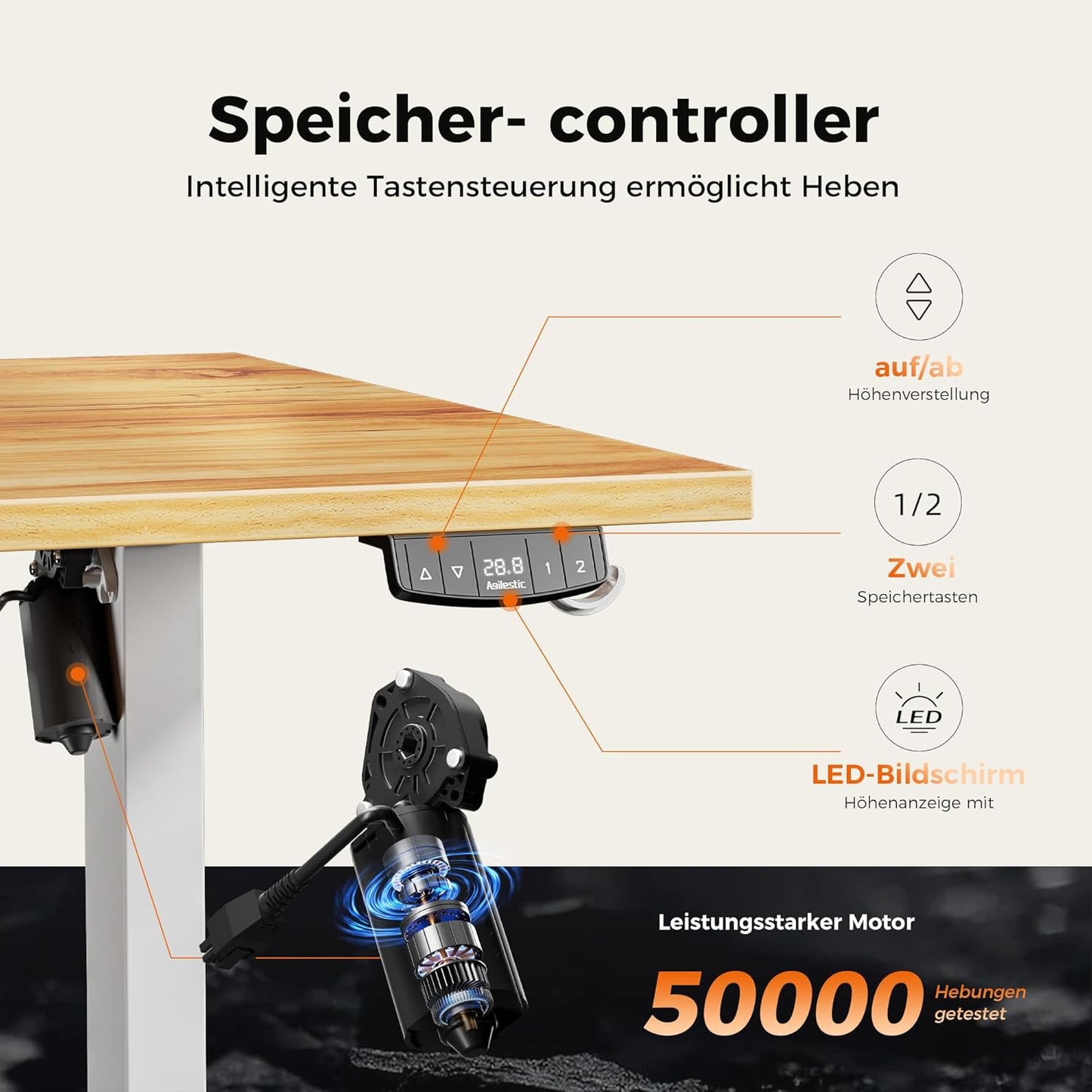 Agilestic Elektrisch in hoogte verstelbaar bureau, 160 x 80 cm, zit-sta bureau met geheugenfunctie, in hoogte verstelbare computertafel, gamingbureau met vierkant tafelblad, lichtbruin