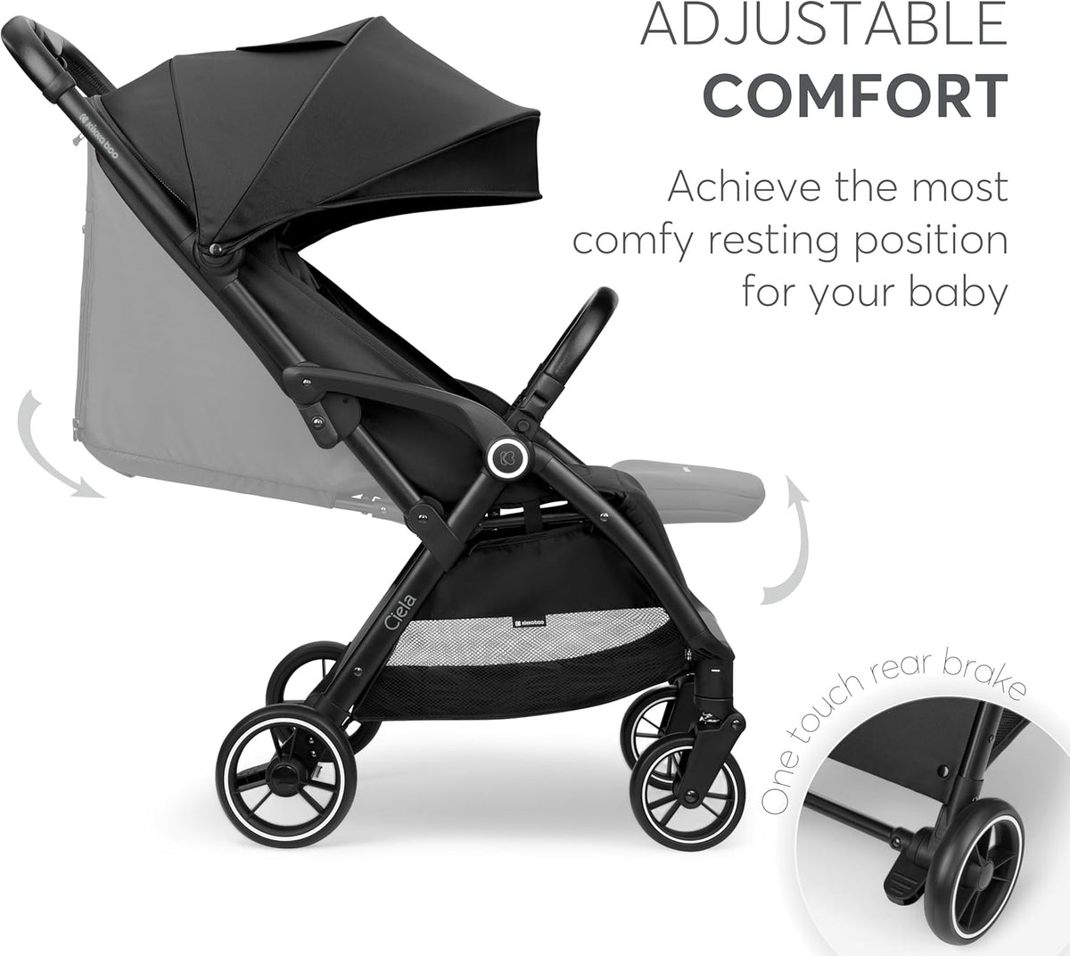 KikkaBoo CIELA Kinderwagen, buggy tot 22 kg, automatisch opvouwen, verstelbare rugleuning, gering gewicht, compact, cabinemaat, zwart