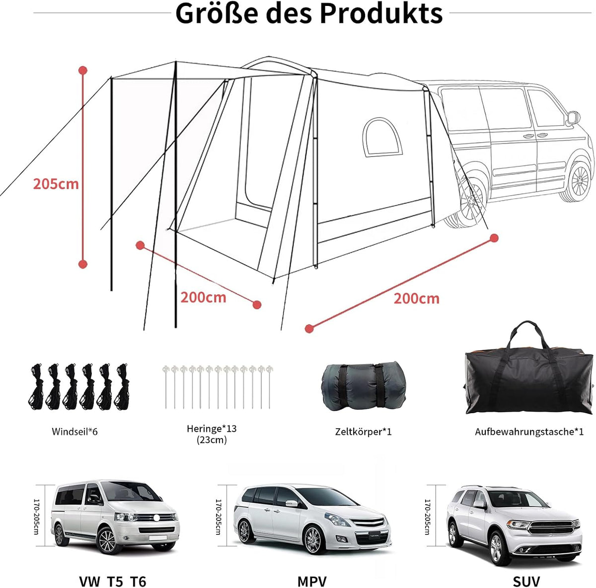 VW Tent 200 x 200 x 205 cm, Baktent Geschikt Volkswagen T5/T6, Caddy Tent Achterkleptent Voor 2–3 personen, Waterdicht tot 3000 mm, Achtertent VW T5 Ideaal VW Campingaccessoire.