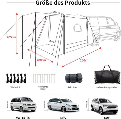 VW Tent 200 x 200 x 205 cm, Baktent Geschikt Volkswagen T5/T6, Caddy Tent Achterkleptent Voor 2–3 personen, Waterdicht tot 3000 mm, Achtertent VW T5 Ideaal VW Campingaccessoire.