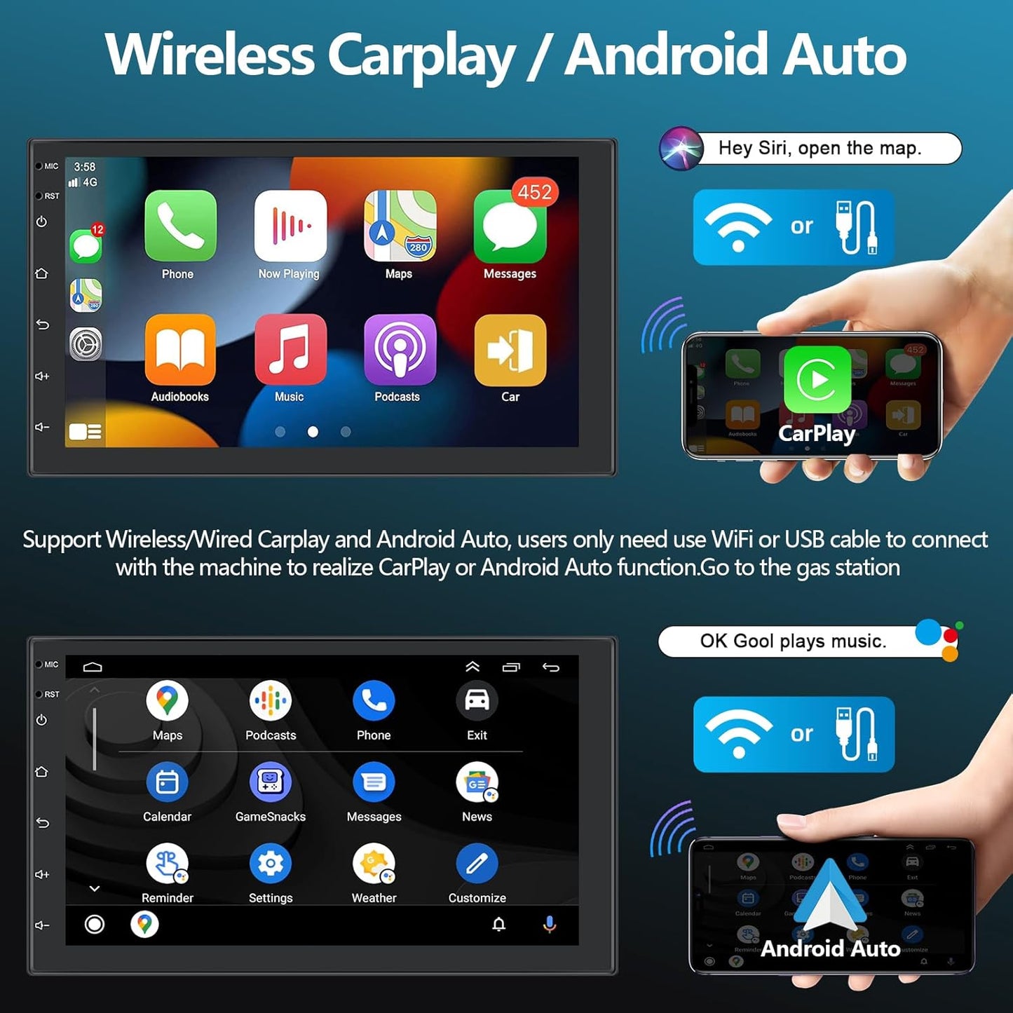[2+32G] Podofo 2Din 7 Inch Autoradio Android 13 Scherm met Draadloos Apple Carplay/Android Auto Touchscreen met GPS/Bluetooth/SWC/FM/RDS/WiFi/USB Radio-ontvanger Ondersteuning Achteruitrijcamera