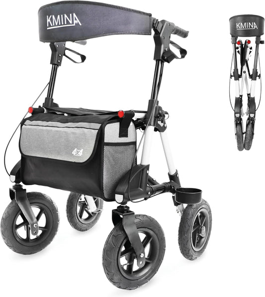 KMINA PRO - Outdoor Rollator Met Luchtbanden, Groot Wiel, Opvouwbaar Voor Senioren, Aluminium Frame Voor Buitengebruik, Met Zitje en Mandje