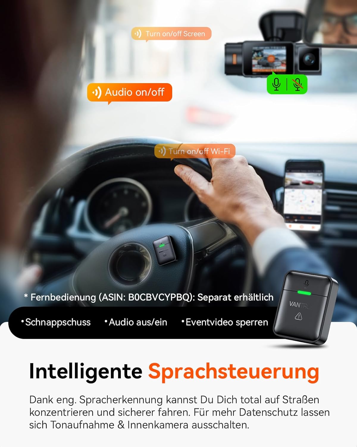 VANTRUE N2X 2,7K+1080P dashcam auto-interieur, STARVIS 2 Dual HDR nachtzicht dashcam, 2,5K/60FPS voorkant, GPS, WiFi, app en stembediening, 2″ 323° dashcam 24/7 parkeermodus, G Sensor, maximaal .512G