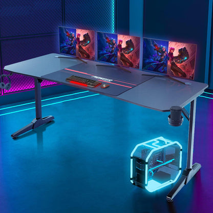 Devoko Gaiming Tafel 140 cm, gamingbureau, gamer, computertafel, ergonomisch pc-bureau met kabelopbergdoos, bekerhouder en hoofdtelefoonhouder, T-vormig (zwart, 140 x 60 x 75 cm)
