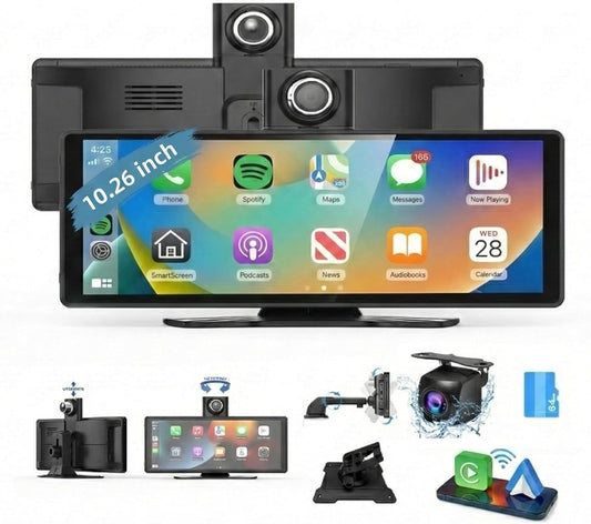 10.26 Inch Draadloos CarPlay Scherm & Android Auto Display - 4K Dashcam & 1080P Achteruitrijcamera - Draagbare Autoradio met Dual Bluetooth, FM, AUX & GPS Navigatie - Inbouwloos & Universeel
